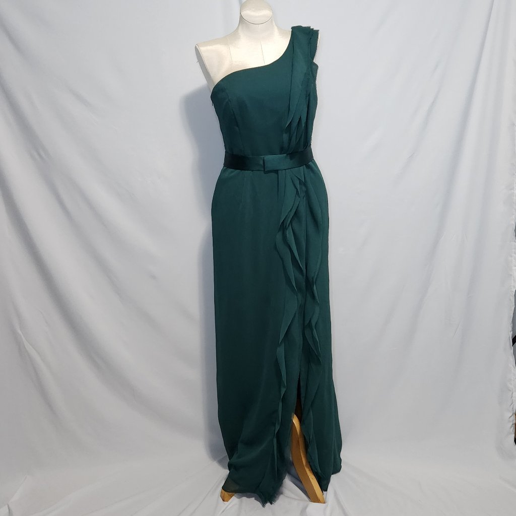 White By Vera Wang Emerald One-Shoulder Asymmetrical Evening Gown